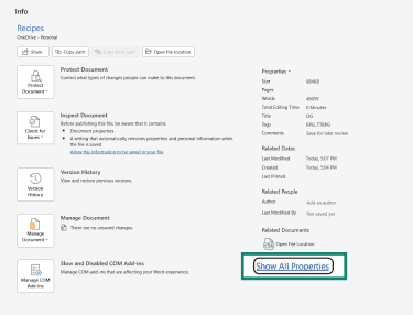 The Microsoft Word Info screen, highlighting how All Properties.