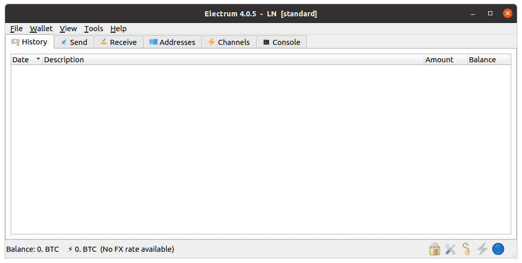 Screenshot of Electrum 4.0.5 showing the History tab