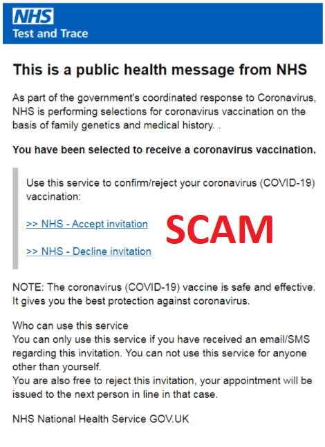 An example of an email vaccine scam.