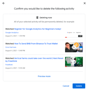 Bestätigungsbildschirm vor dem Löschen von App-Aktivitäten für die gesamte Zeit