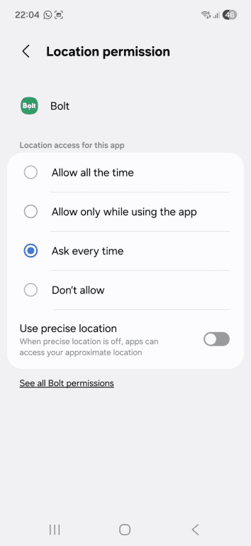 The "Location permission" page for an app on an Android phone. The "Ask every time," "Don't allow," and "Use precise location" options are highlighted.