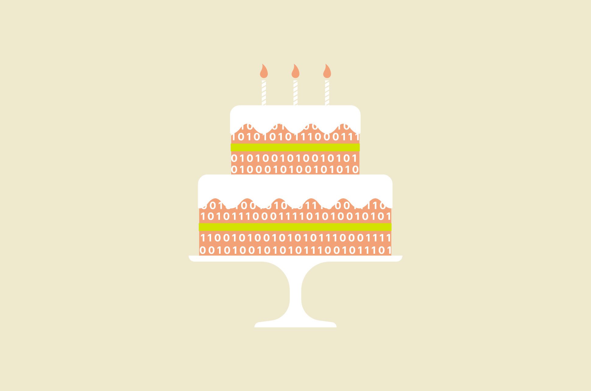 A birthday cake made up of code with candles.