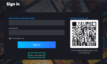 Steam login page on a browser. The "Help, I can't sign in" option is highlighted.