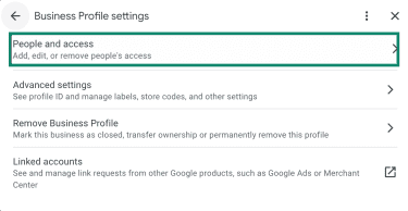 The "People and access" option under the Google Business Profile settings.