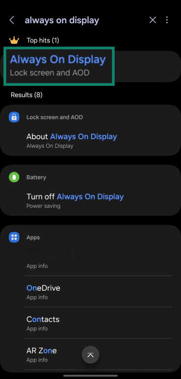 Searching for the Always On Display through Samsung's settings menu