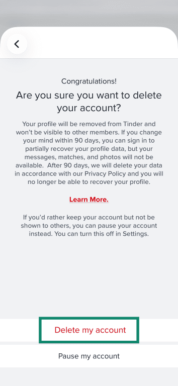 The final confirmation menu to delete your Tinder account on iOS, highlighting the confirmation button.