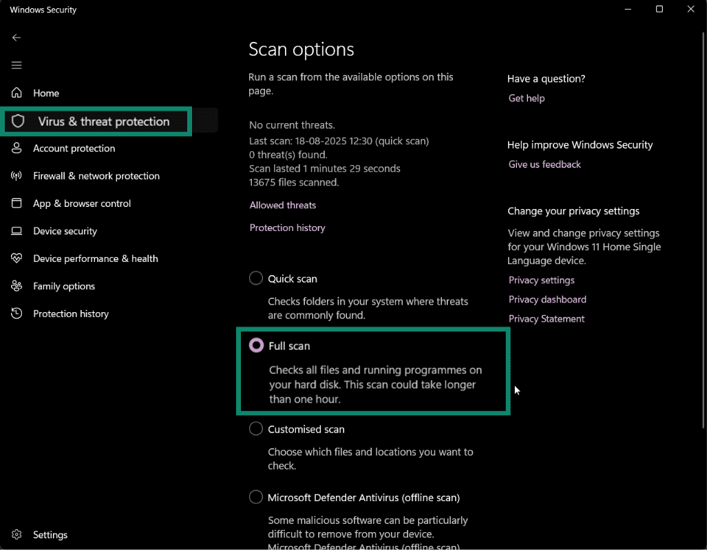 Windows Security scan options with Full scan selected.