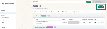 ExpressMailGuard aliases with the Add button highlighted.
