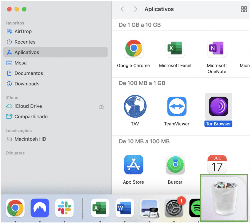 Tor Browser icon being dragged from the Applications folder to the Trash on macOS to uninstall it.