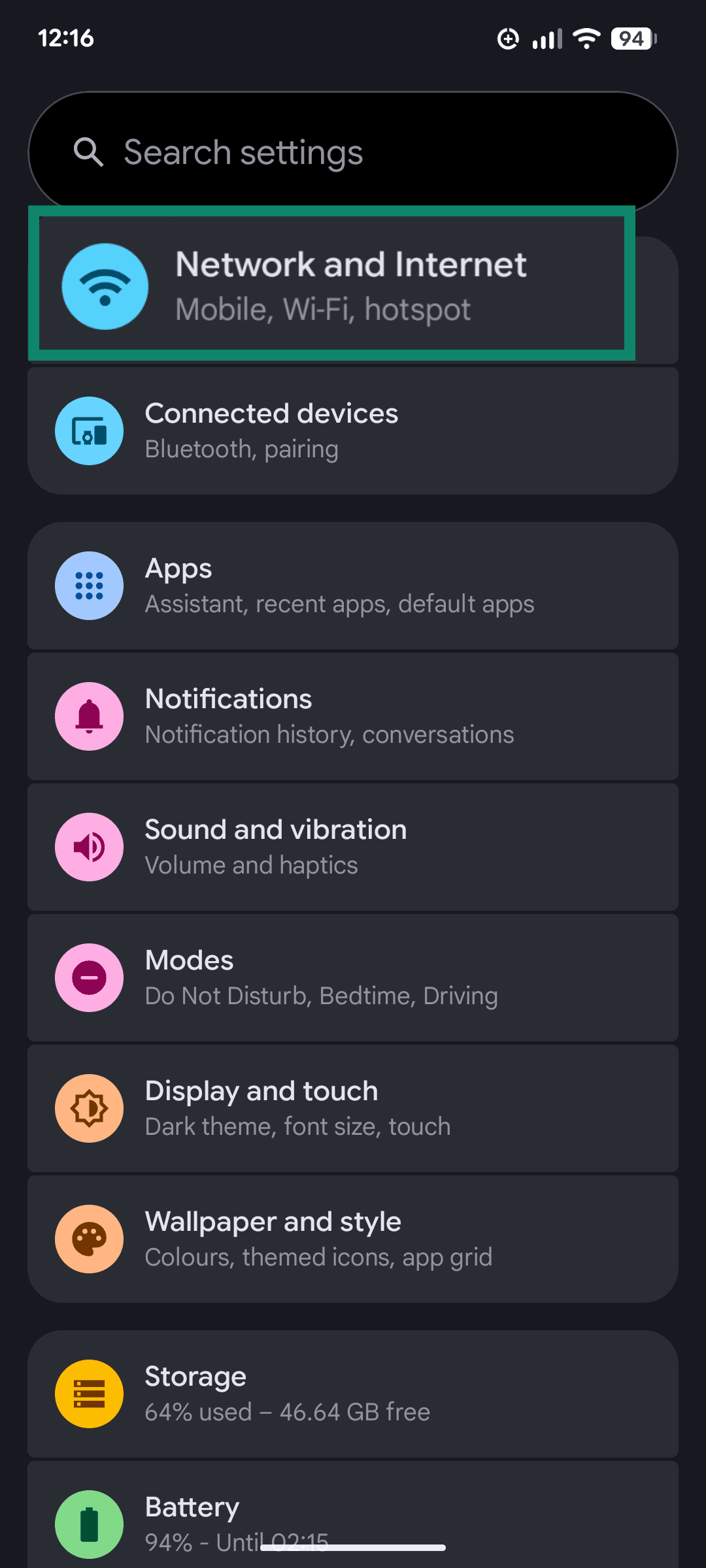 Android Settings page showing the Network and Internet option