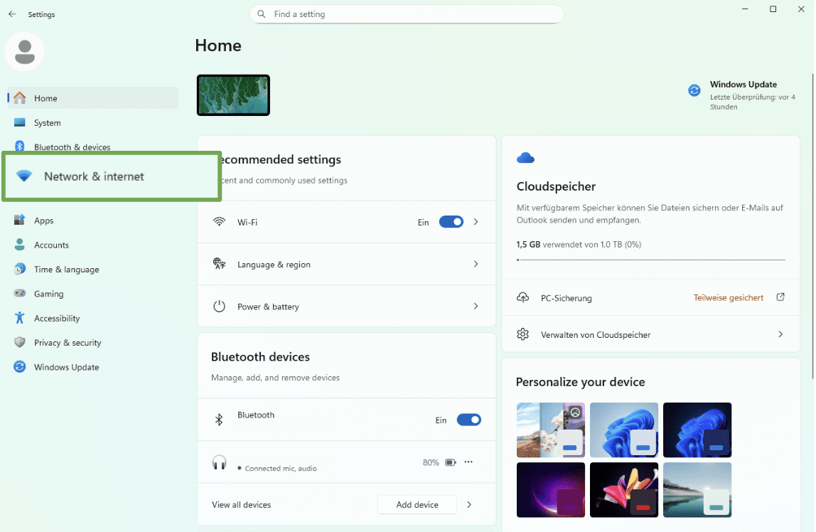Windows settings screen showing the Network & internet option.
