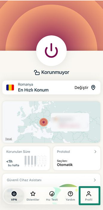 ExpressVPN home screen showing disconnected status and Profile tab.