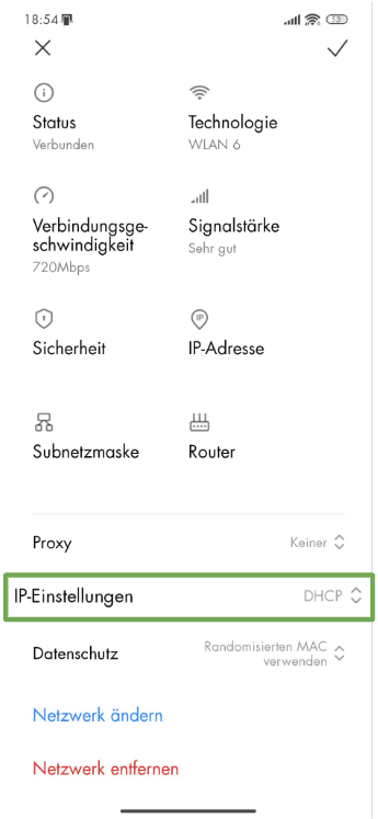 The network information page on an Android phone, showing the IP settings button.