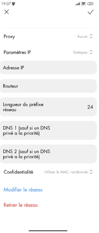 The IP Settings page on an Android phone, showing the options to change DNS 1 and DNS 2 servers.
