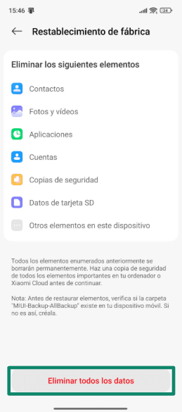 The factory reset options on an Android phone.