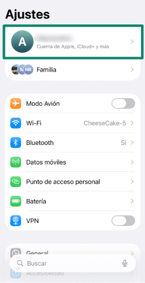 iPhone Settings screen showing how to access Apple Account.