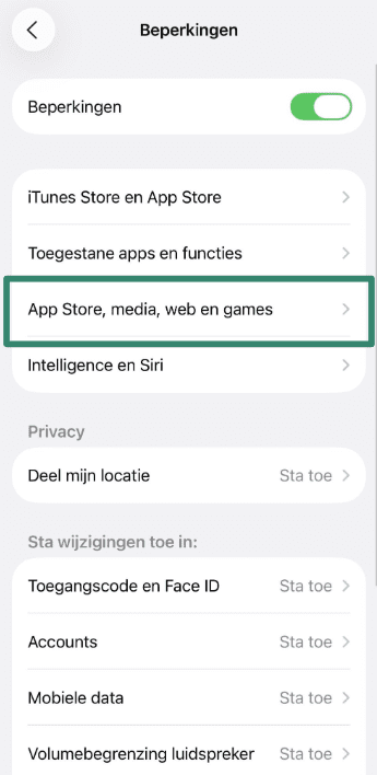 App Store, Media, Web & Games restrictions menu on iPhone.