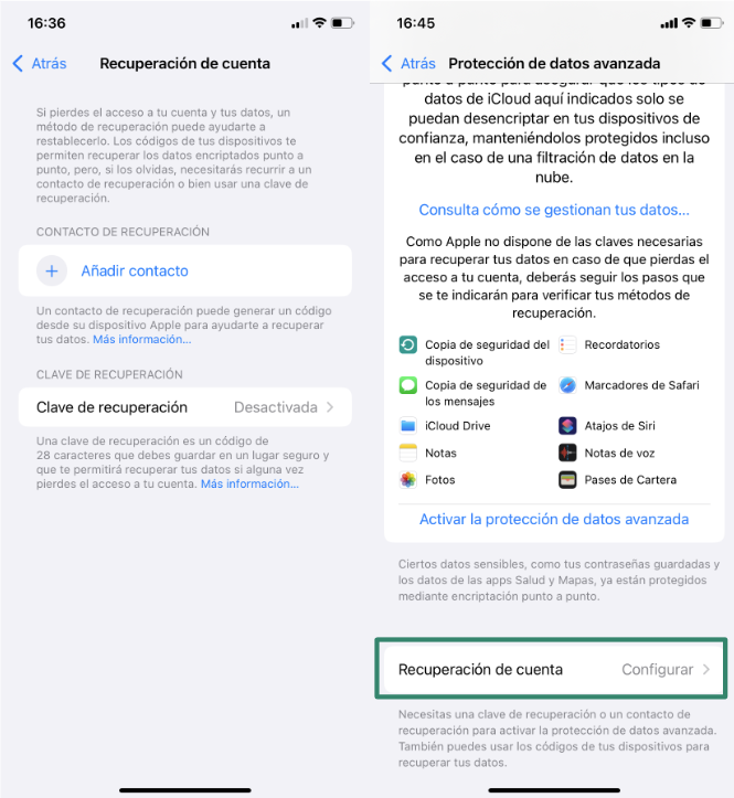 iPhone Account Recovery settings (left) and Advanced Data Protection menu with the Account Recovery option highlighted (right).
