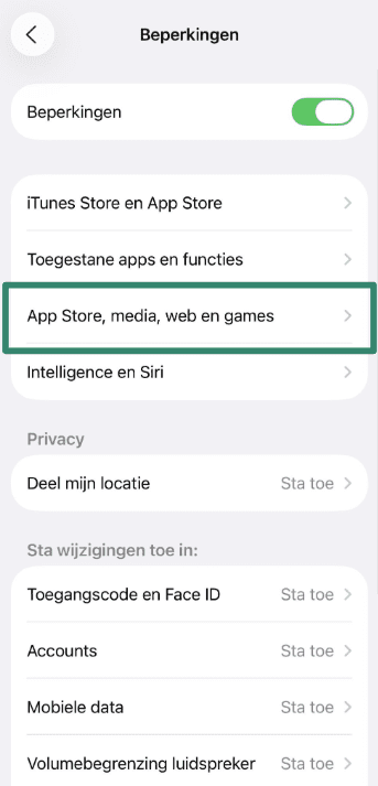 App Store, Media, Web & Games restrictions menu on iPhone.