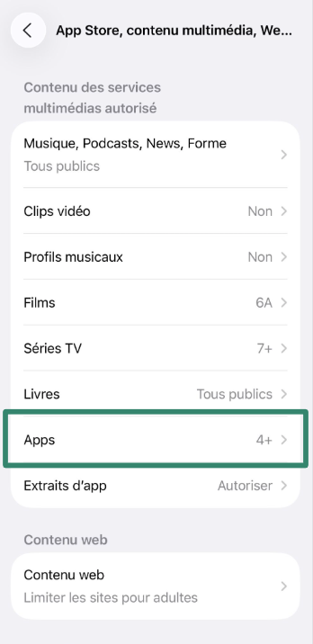 App age rating and content restrictions in iPhone parental controls.
