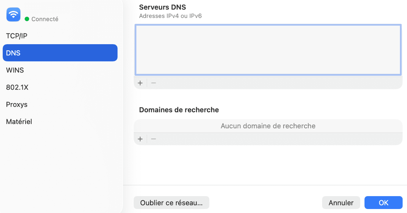 The DNS page of the Advanced Wi-Fi settings of a Mac, showing the DNS servers for the current network connection.