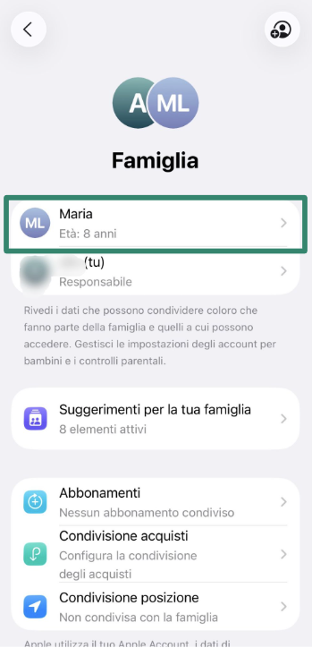 Family list with child’s name selected in iPhone Settings.