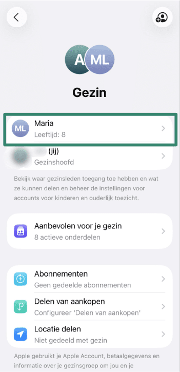 Family list with child’s name selected in iPhone Settings.