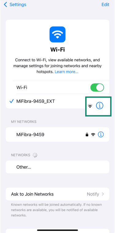 iPhone WiFi menu displaying connected network details
