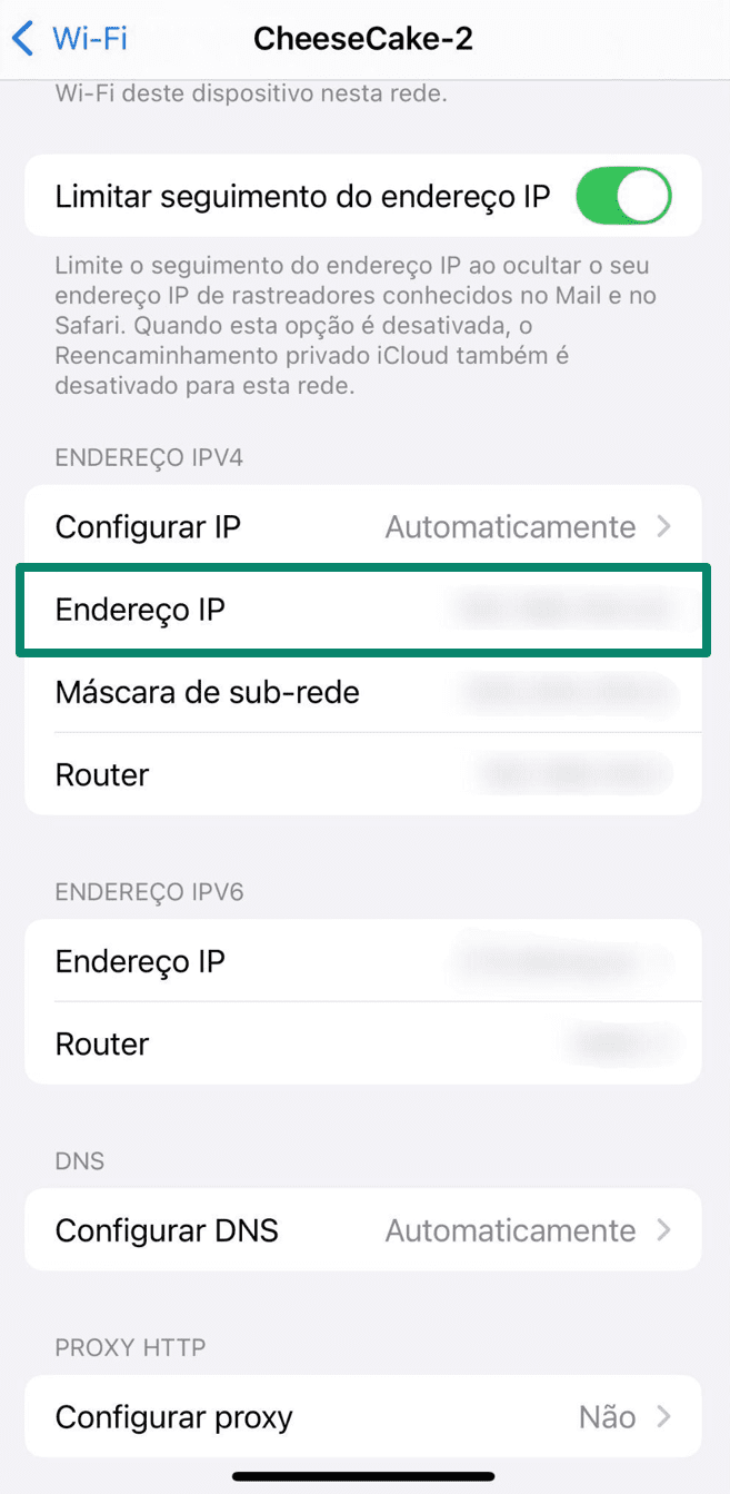 WiFi network options on iPhone with IP address and router info
