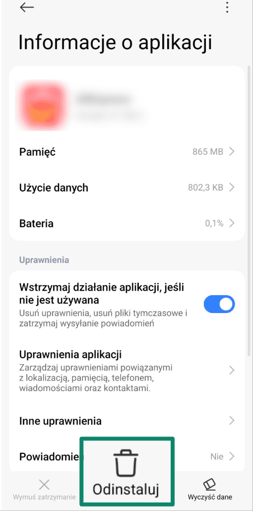 Two side-by-side screenshots of the Android settings. The left screenshot highlights the “Manage apps” option. The right screenshot shows a suspicious app selected and the “Uninstall” button highlighted.