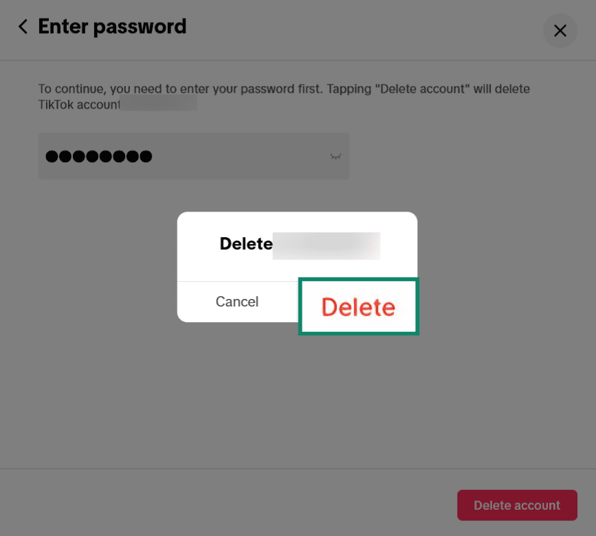 Screenshot of TikTok displaying a final confirmation prompt before starting the account deletion process