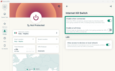 ExpressVPN Internet Kill Switch settings showing toggles for Enable when connected and Enable at all times, explaining how traffic is blocked to prevent data leaks.