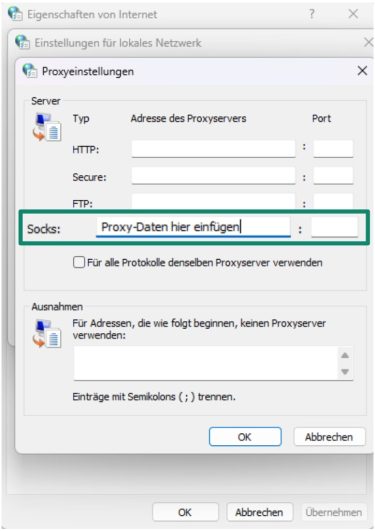 The Windows Proxy Settings submenu underneath the LAN Settings.