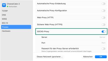 The macOS Proxies tab with SOCKS proxy toggled on