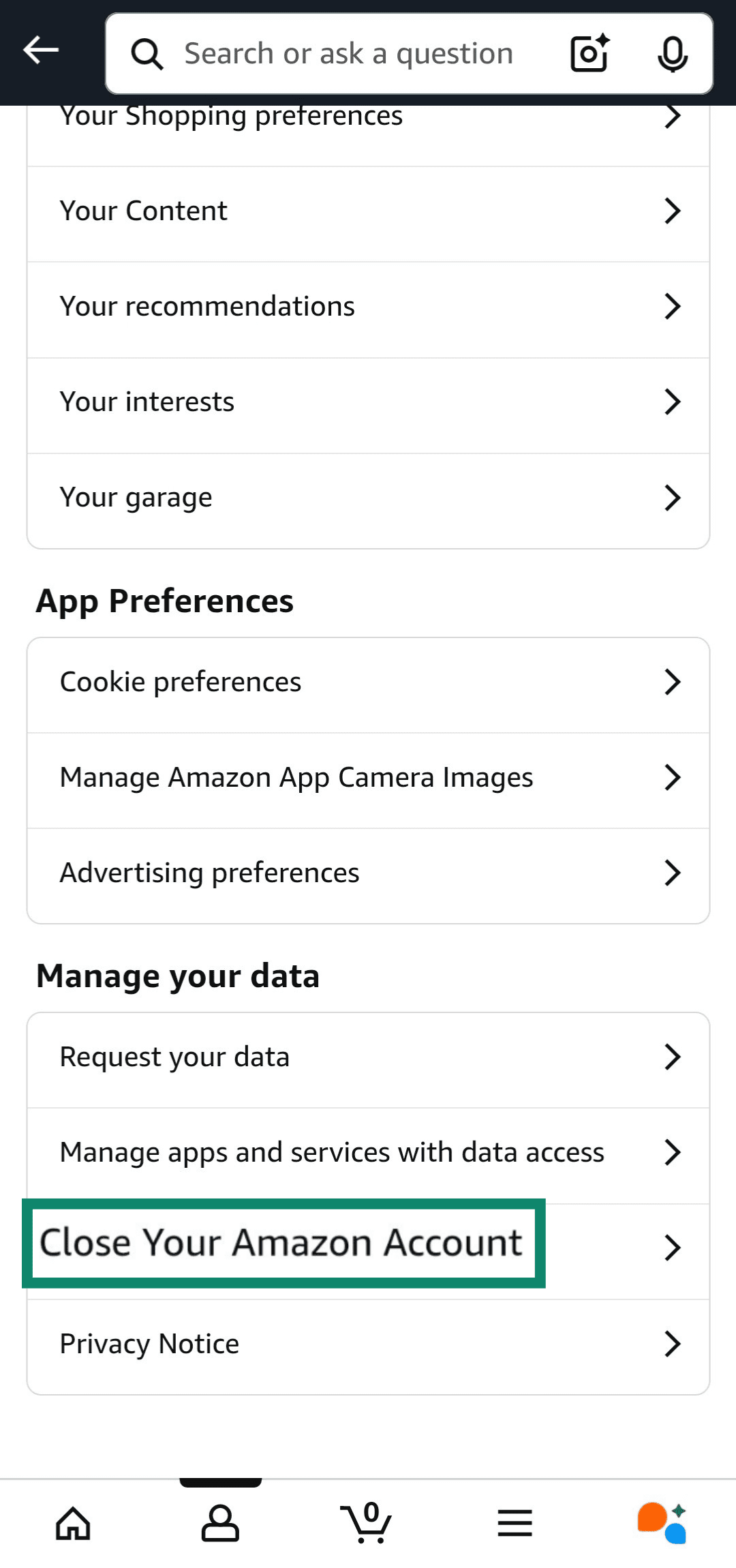 Accessing the Close Your Amazon Account menu on the Amazon app.