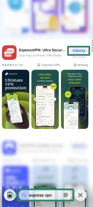 Installing ExpressVPN from Apple App Store.