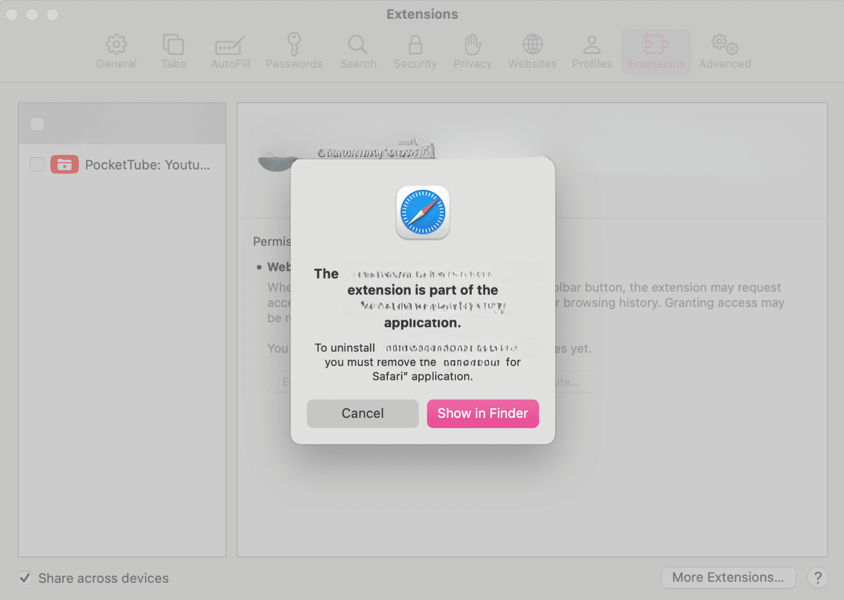 Pop-up showing Finder option in Safari extension removal process.