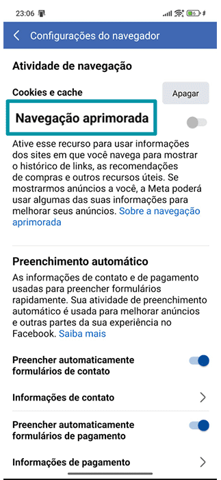 Facebook mobile app Browser settings with the Enhanced browsing toggle highlighted.
