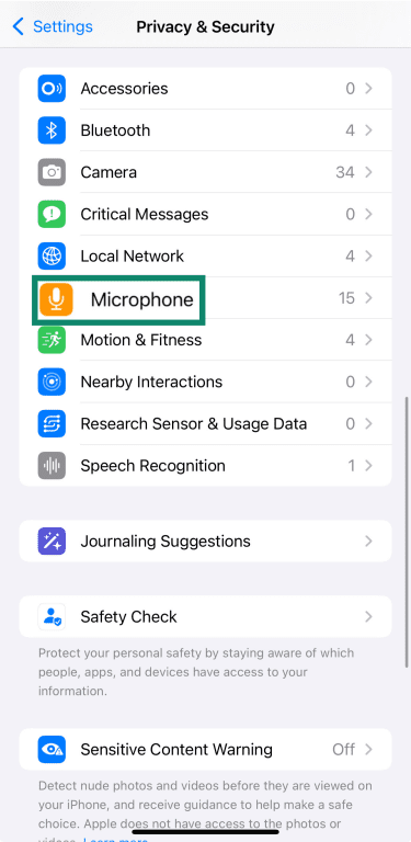 Microphone settings in iOS.