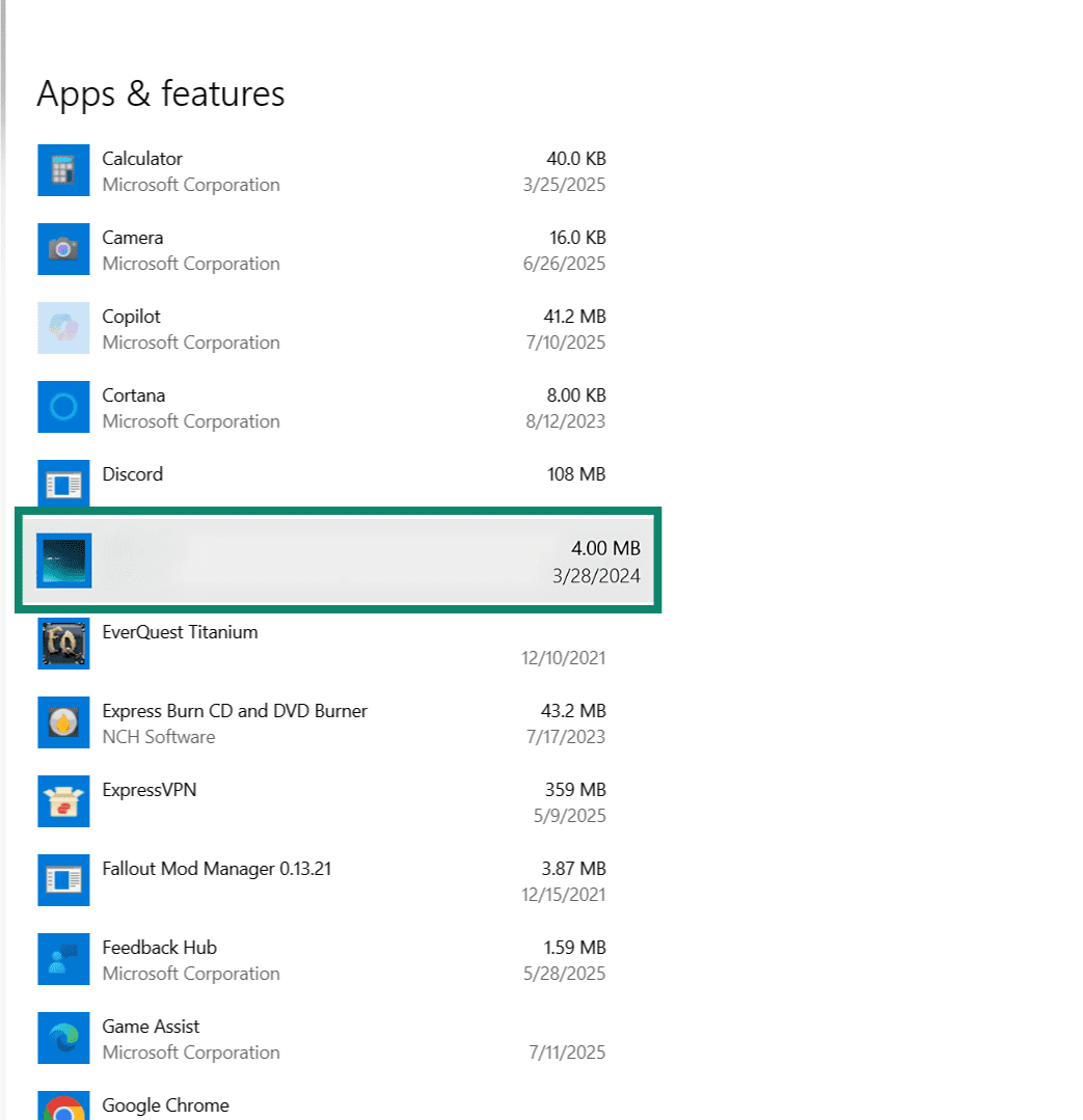 Finding a specific app through your Apps & Features menu.