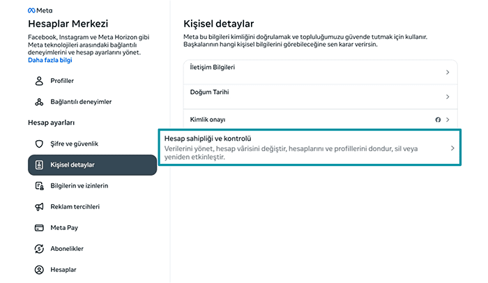 Facebook Accounts Centre Personal details tab with Account ownership and control highlighted.