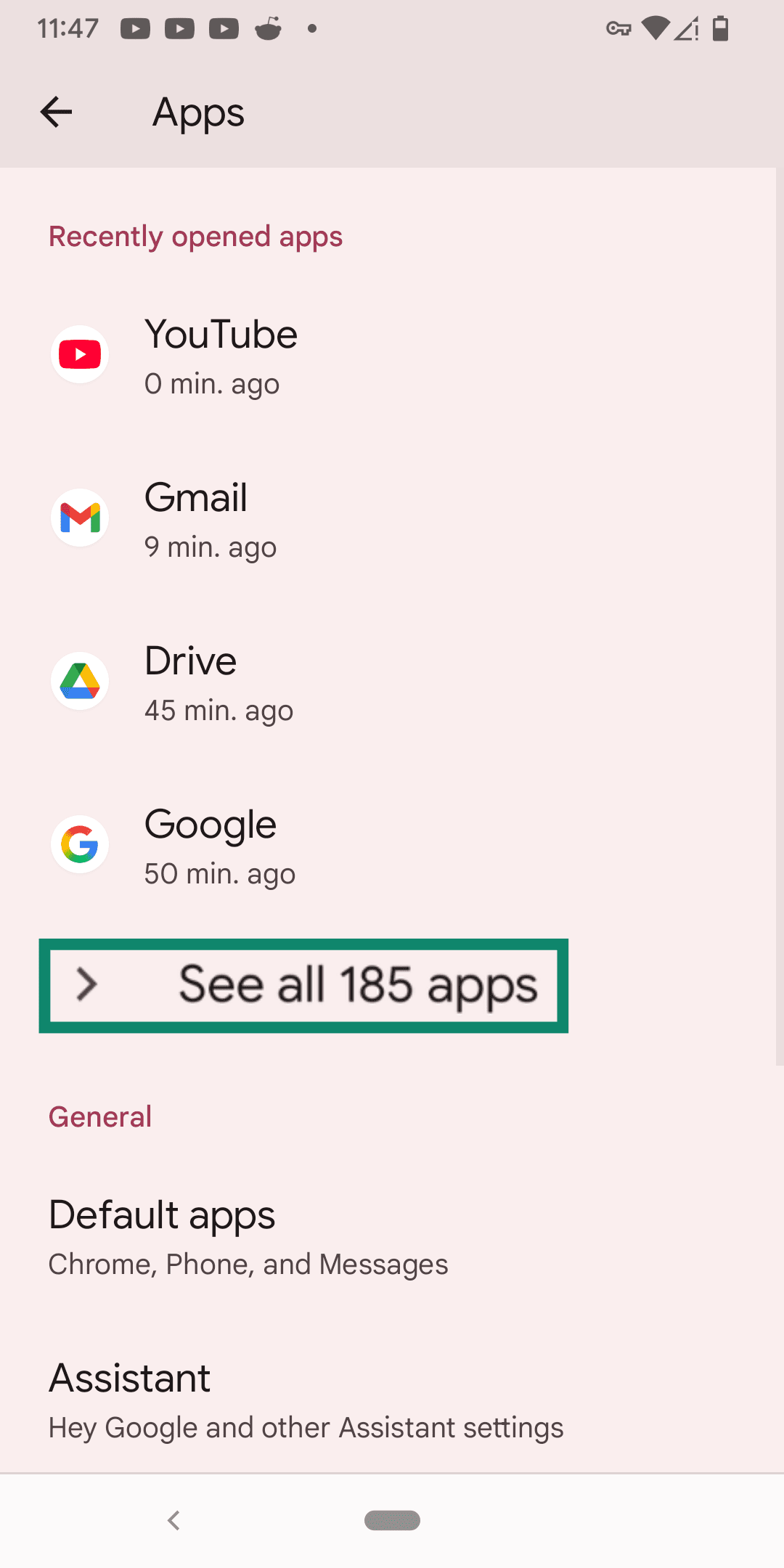 The Android Apps screen, emphasizing the See all apps selection.
