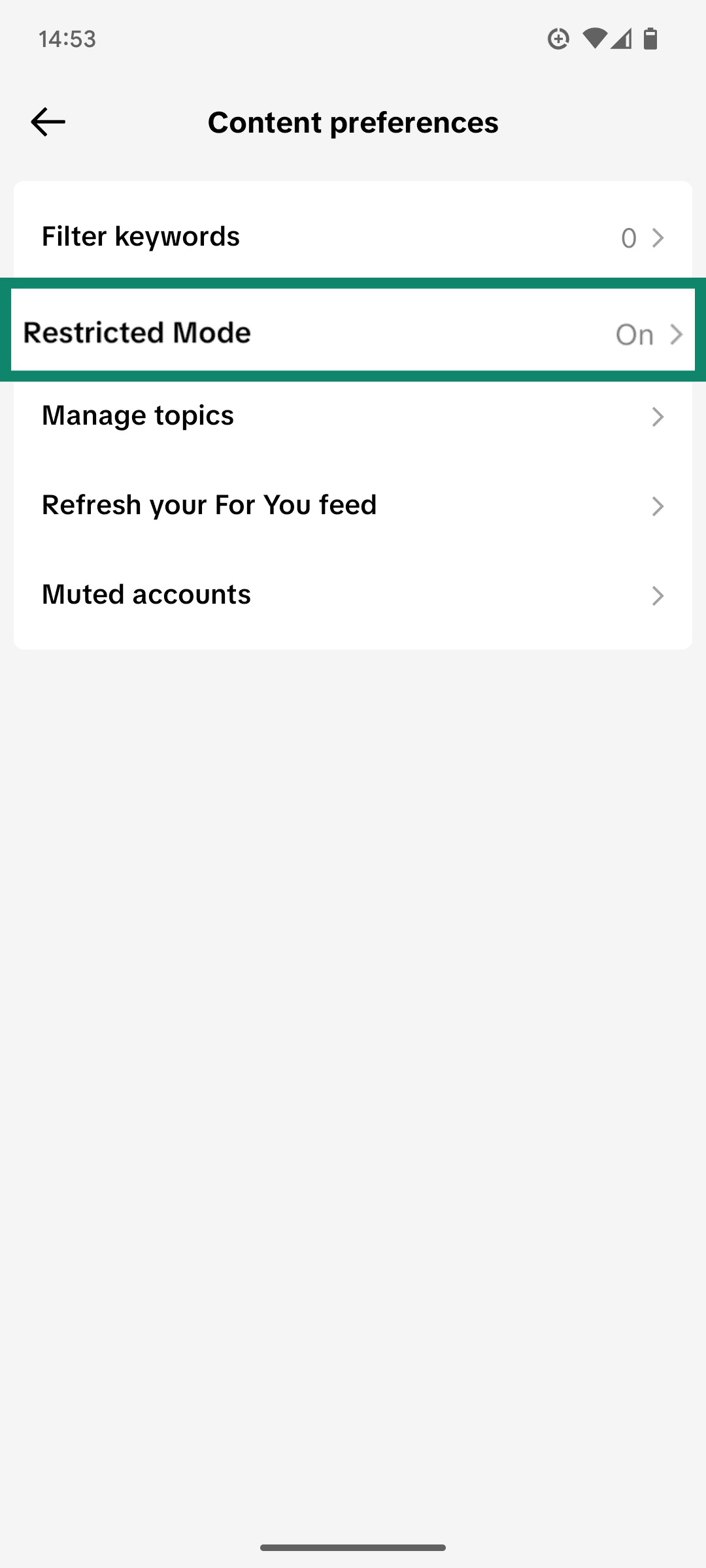 The Content preferences menu of the TikTok app, showing the Restricted Mode option.