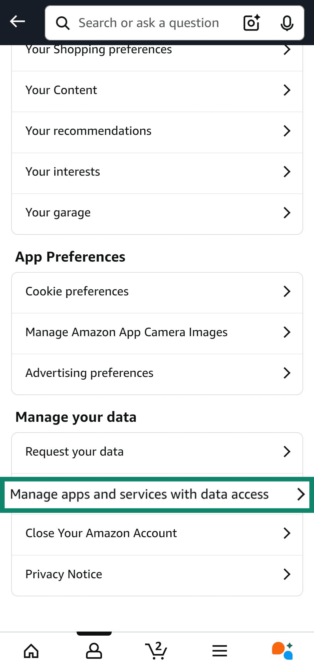 Accessing apps and services with data access menu on Amazon app.