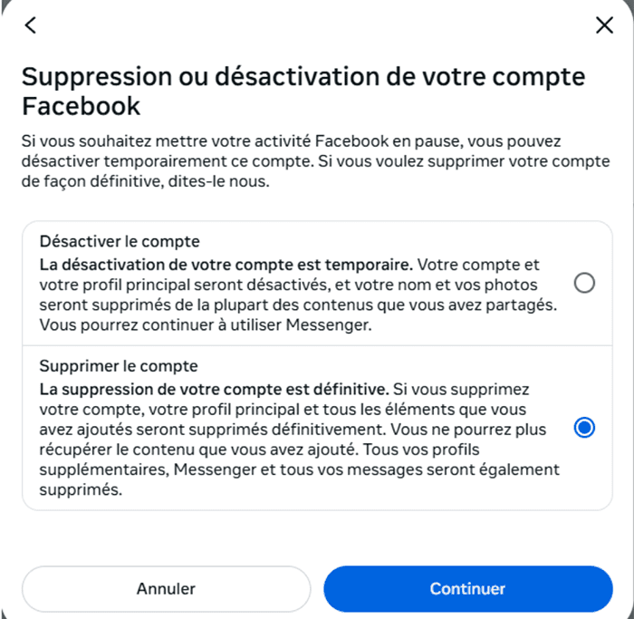 Deactivating or deleting your Facebook account selection screen.