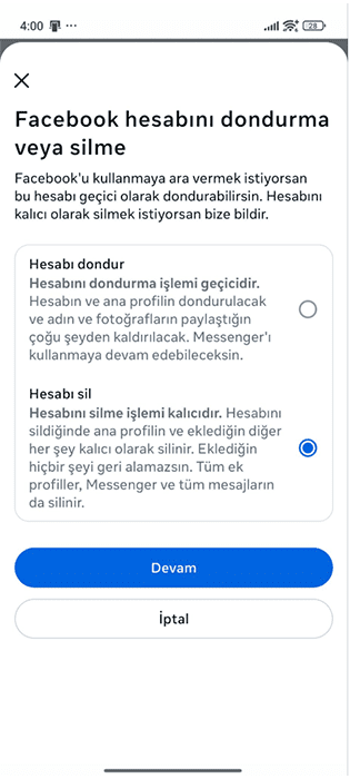 Facebook Android app selection screen for deactivating or deleting your Facebook account.