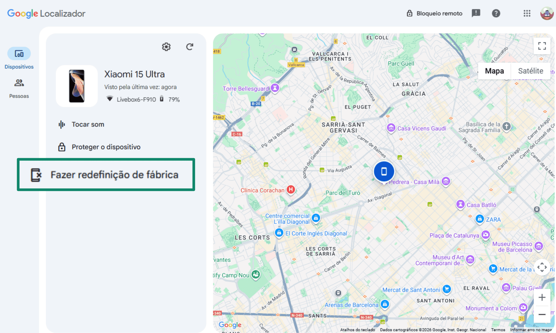 Google's Find My Device dashboard, highlighting the menu option to 'Factory reset device' for a lost Android phone.