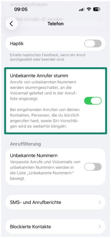 iPhone's phone settings with the “Silence Unknown Callers” option highlighted.
