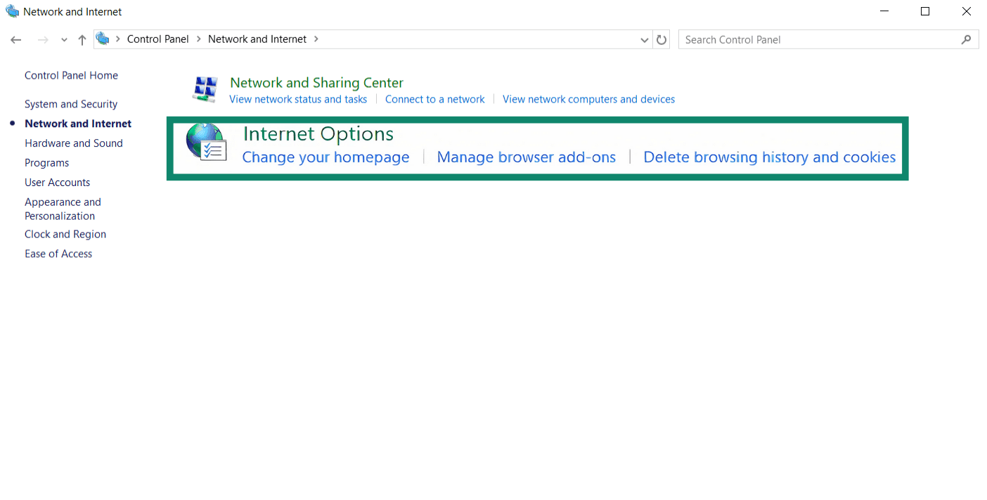 The Control Panel, opened to Network and Internet with Internet Options highlighted.
