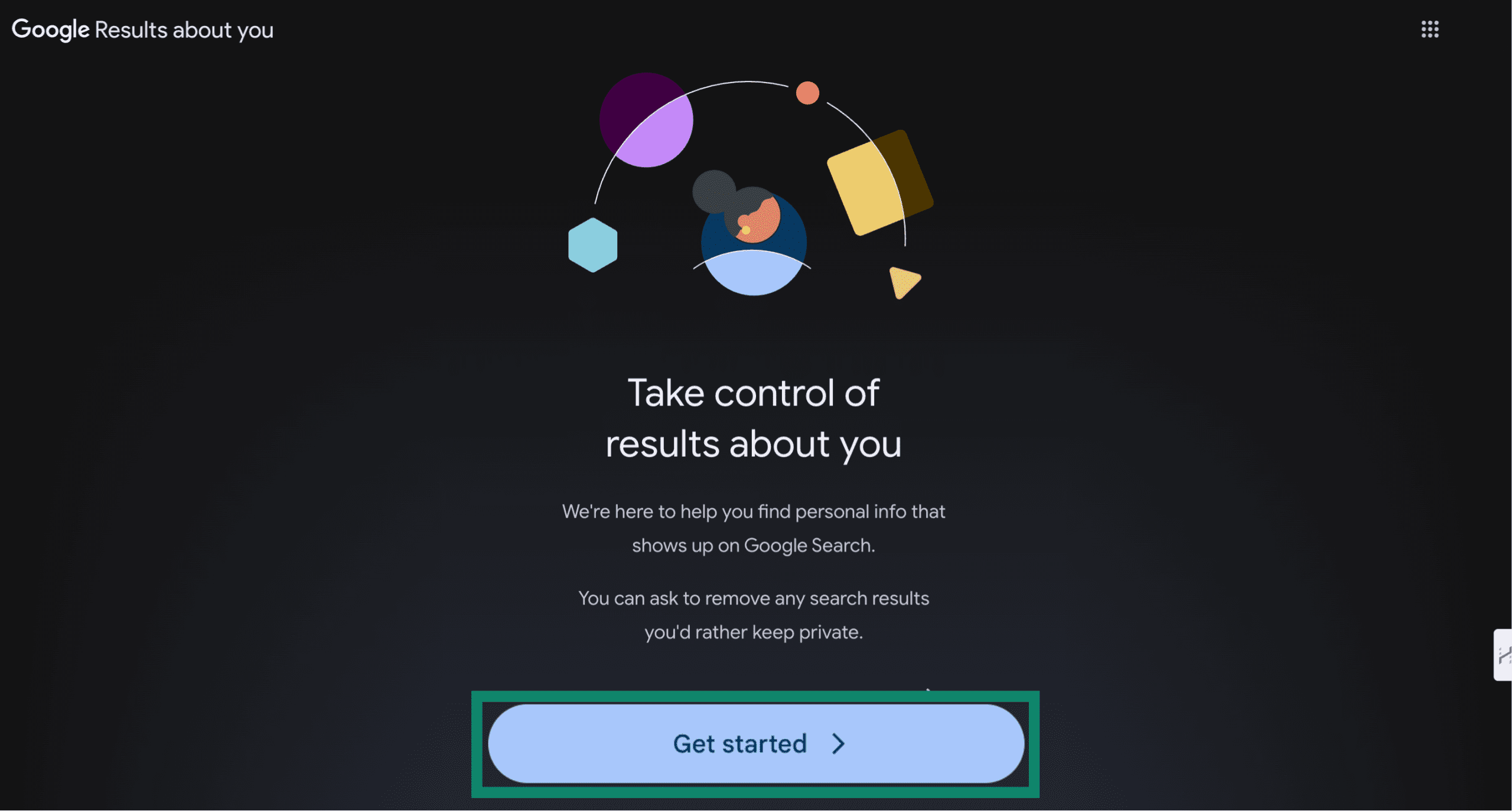 Google results removal page with the Get started button highlighted.